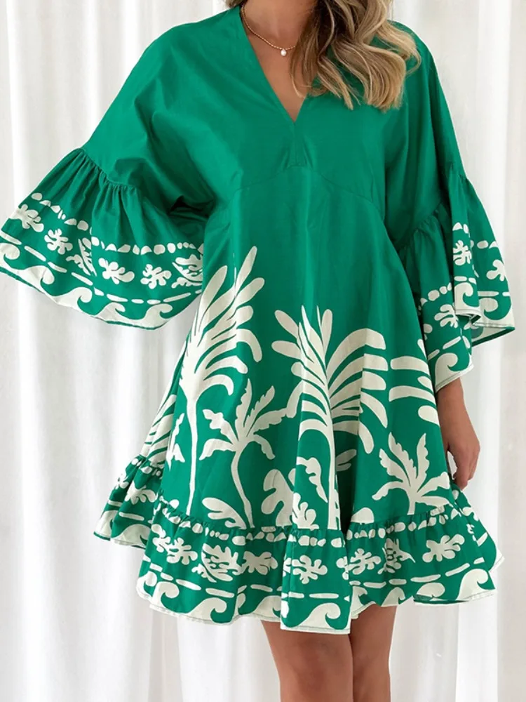 UOOZEE Women's Floral Printed Flared Sleeves V-Neck  A-line Dress 2025 New Loose Pleated Elegant Party Evening Mini Dresses