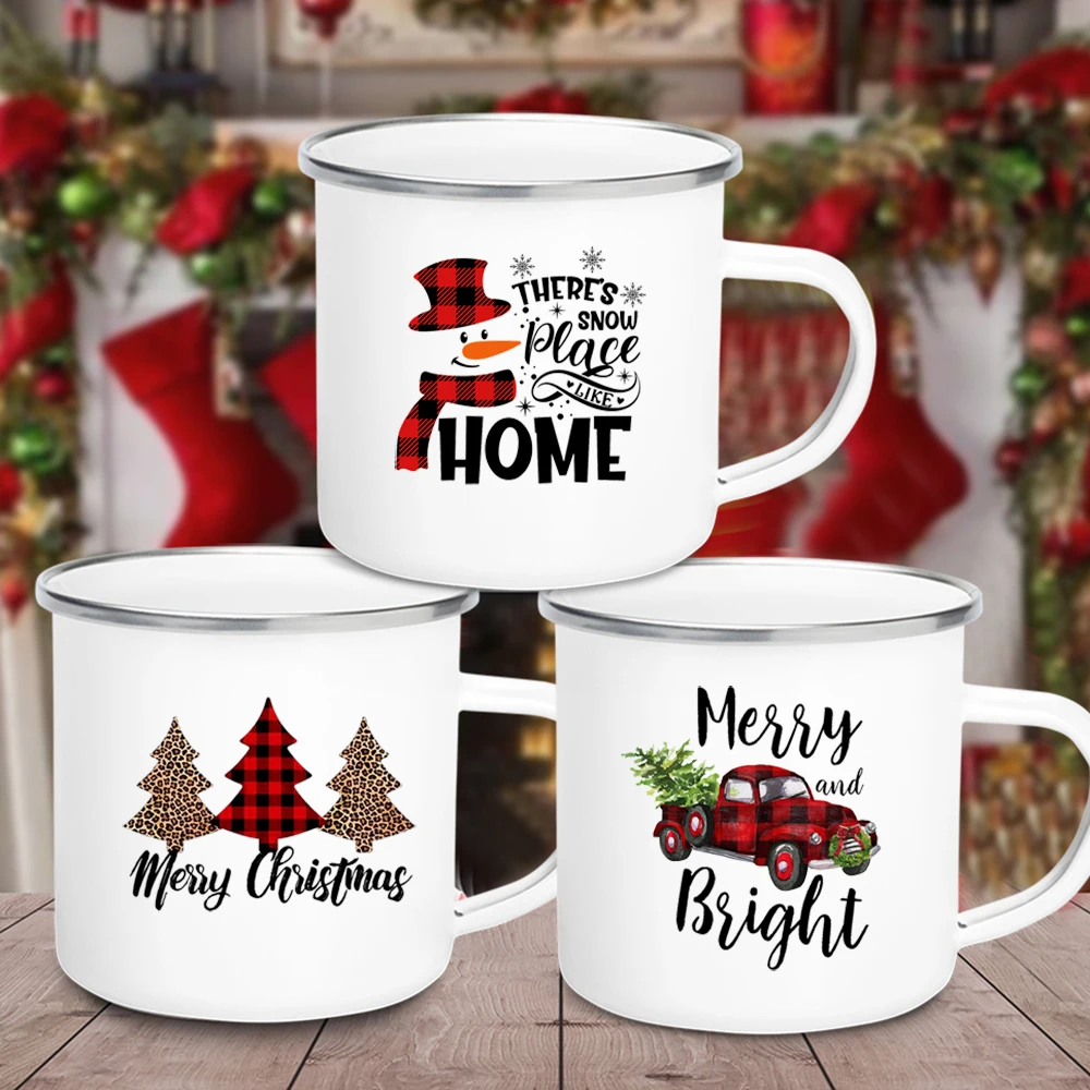 Truck Snowman Printed Mugs White Handle Cocoa Coffee Cups Enamel Juice Milk Cup Kitchen Banquet Table Decoration Christmas Gifts