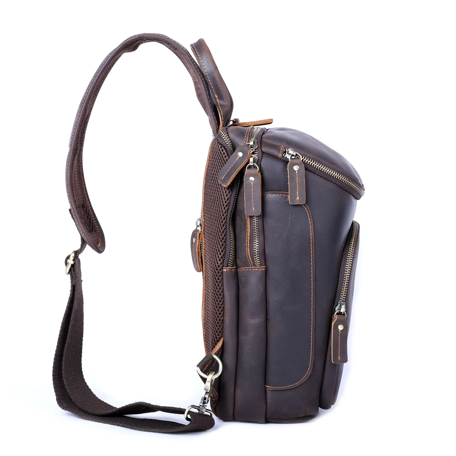 Hochwertige Echtleder-Brusttasche für Herren, Vintage Vollnarbenleder-Umhängetasche, Herren-Schultertasche, Sling Bag, Tagesrucksack – Detail 8