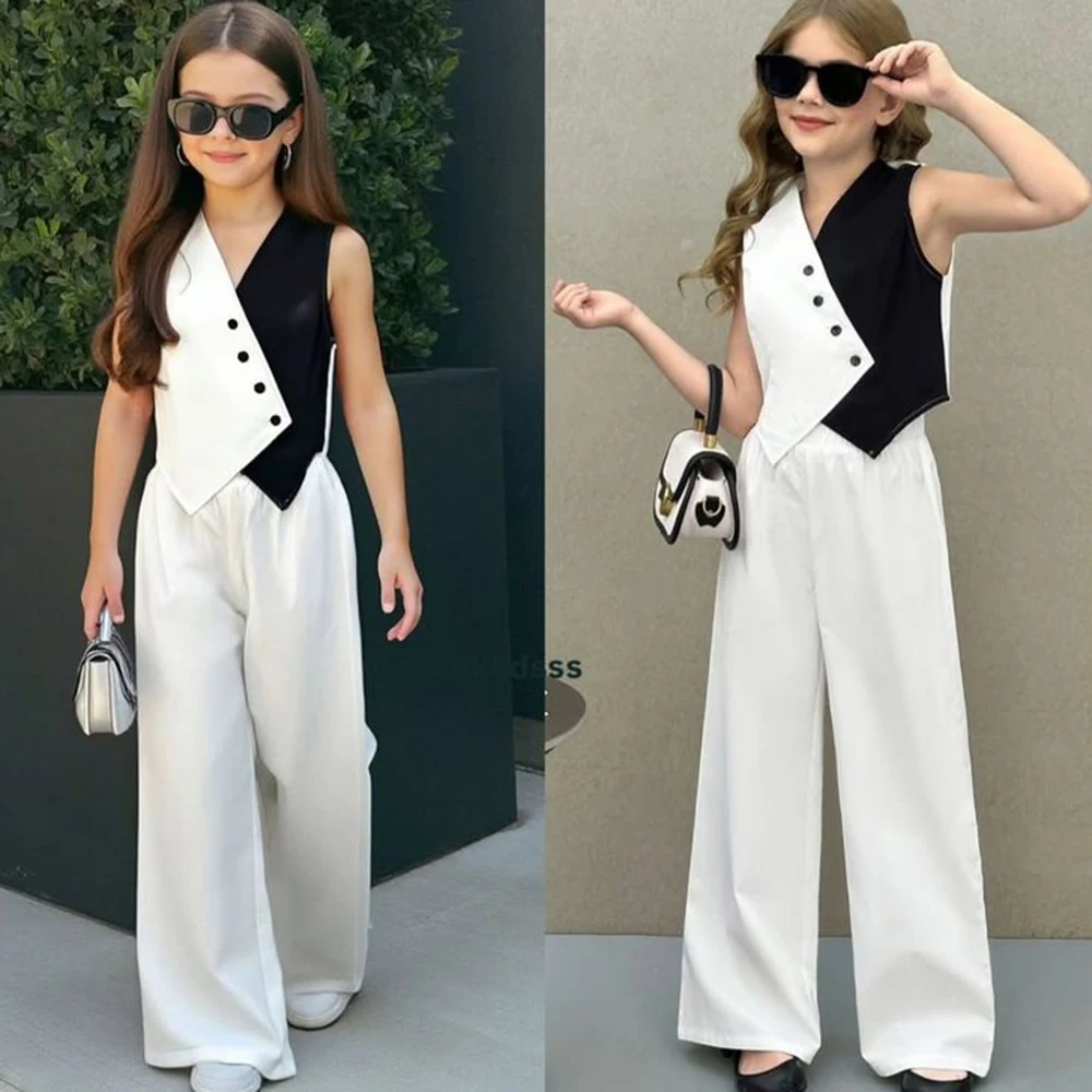 

Summer Patchwork Single Breasted Sleeveless Girls Suit two Pcs Sets Formal Occasions Birthday Party Comfort Girls Clothing