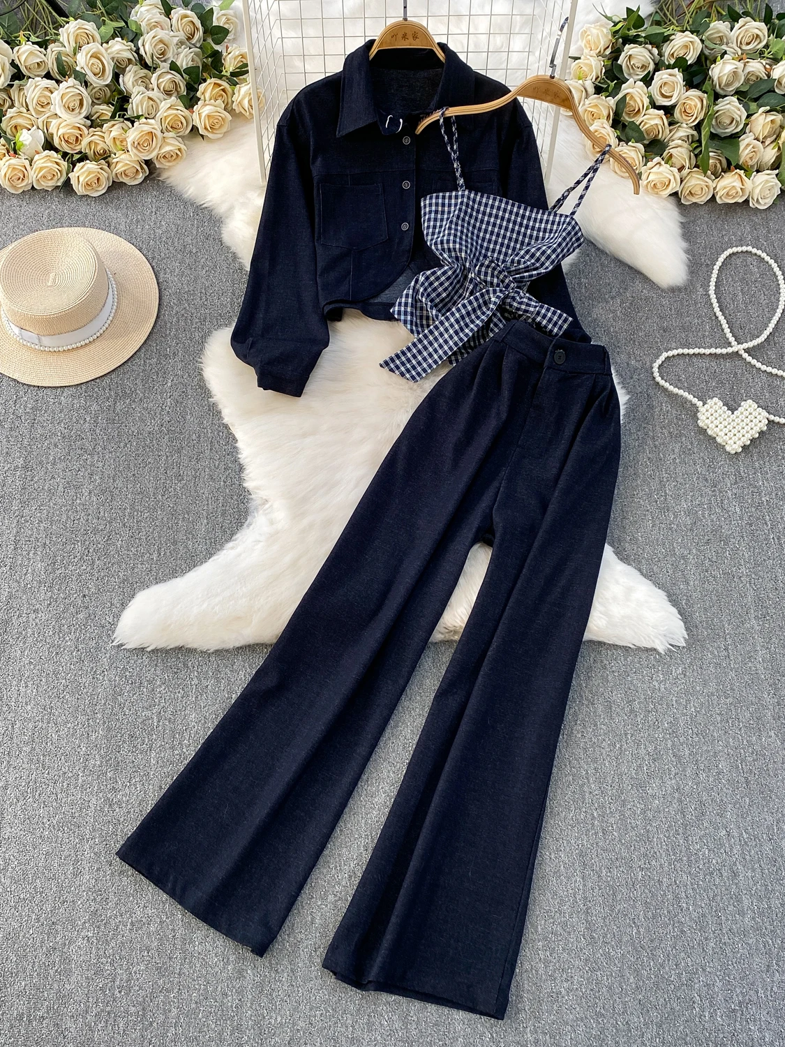 

Retro American Waed Denim ort Jaet Slimming Belted Plaid ter Ne Long Pants Tee-Piece Set for Women Casual Autumn...