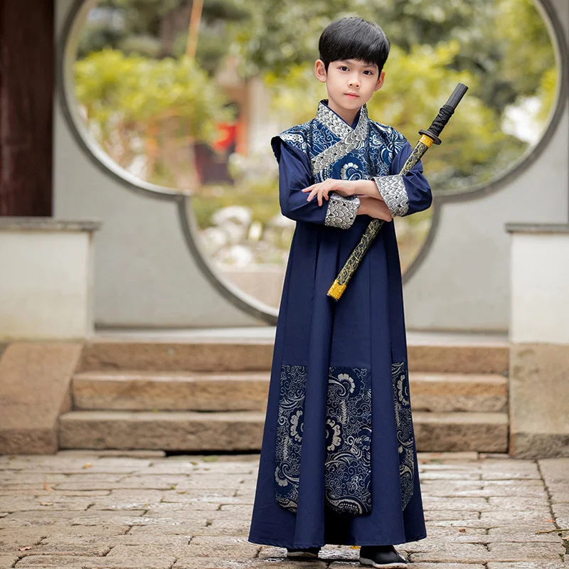 Traje Tang de cara de brocado de estilo chino Hanfu mejorado tradicional para niños, traje de Cosplay de Héroes, traje guapo, conjunto de tres piezas