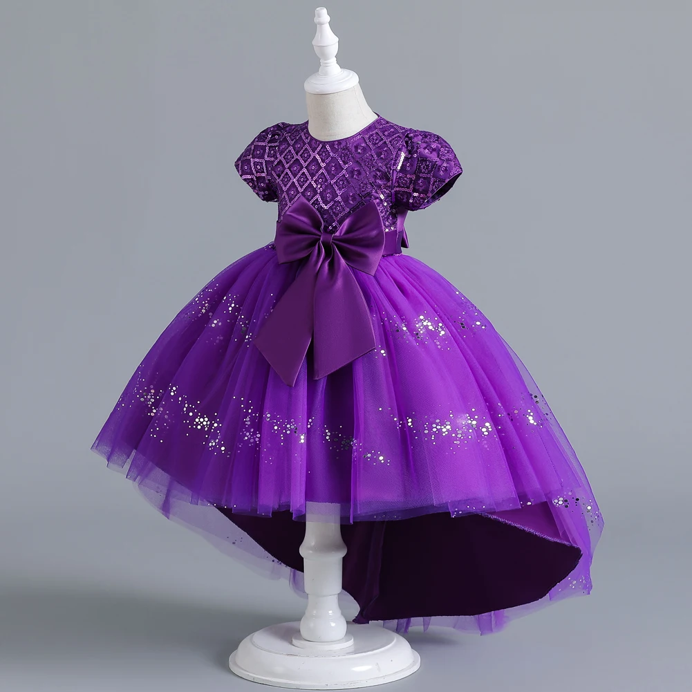 New Purple Girls\' 3-12 anni girocollo Trail Party Dress paillettes Bubble Sleeves Princess Dress adatto per bambini