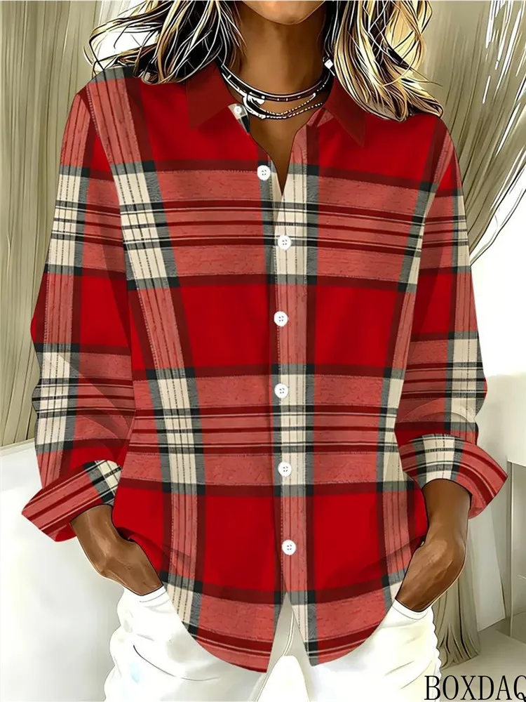 Spring Autumn Classic Tartan Plaid Print Lapel Long Sleeve Shirts Women Button Casual Loose Blouse Elegant Daily Ladies Tops