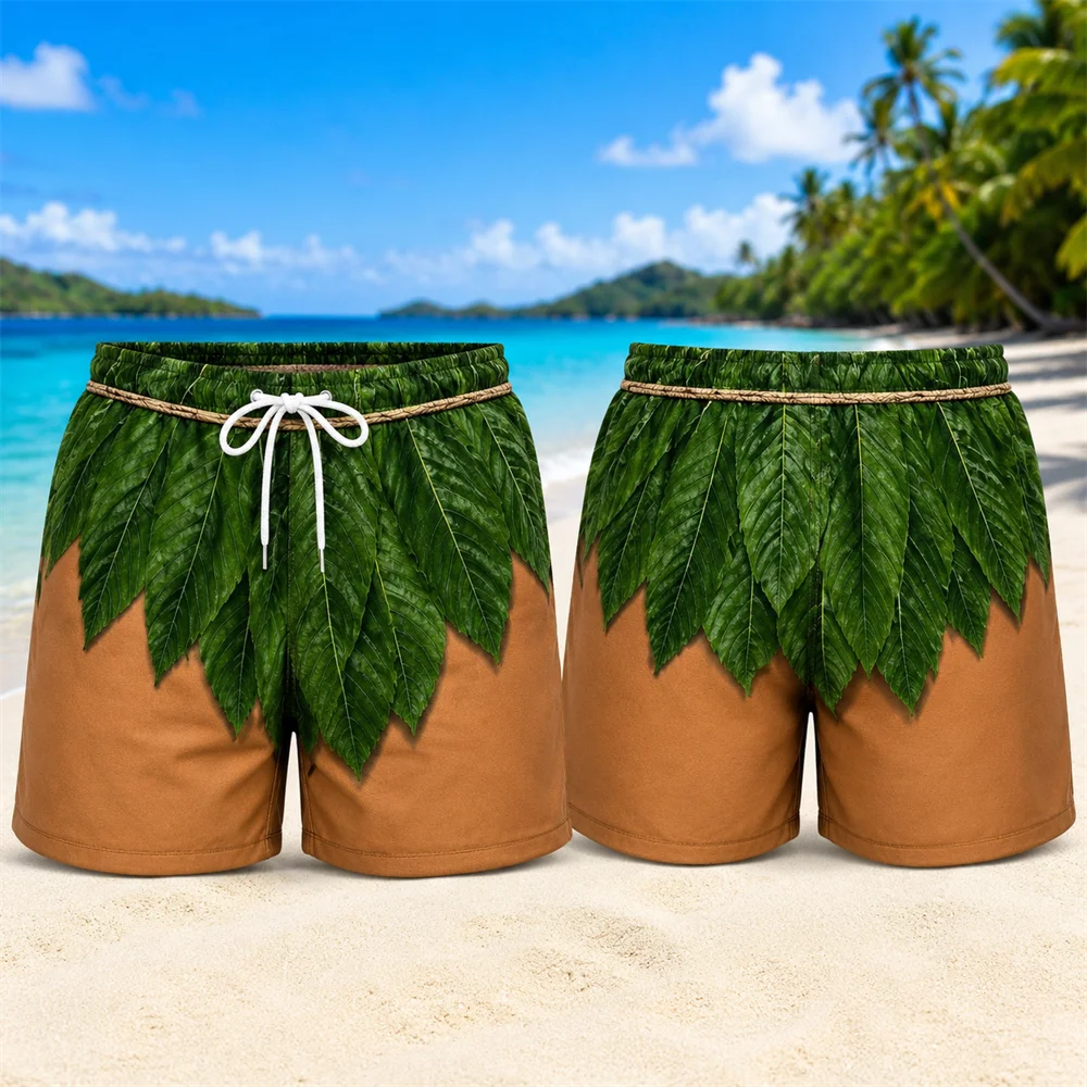 Men Tropical Ti Leaf Print Beach Shorts Hawaiian Grass Skirt Pattern Board Shorts Quick Dry Drawstring Swim Trunks Summer Surf