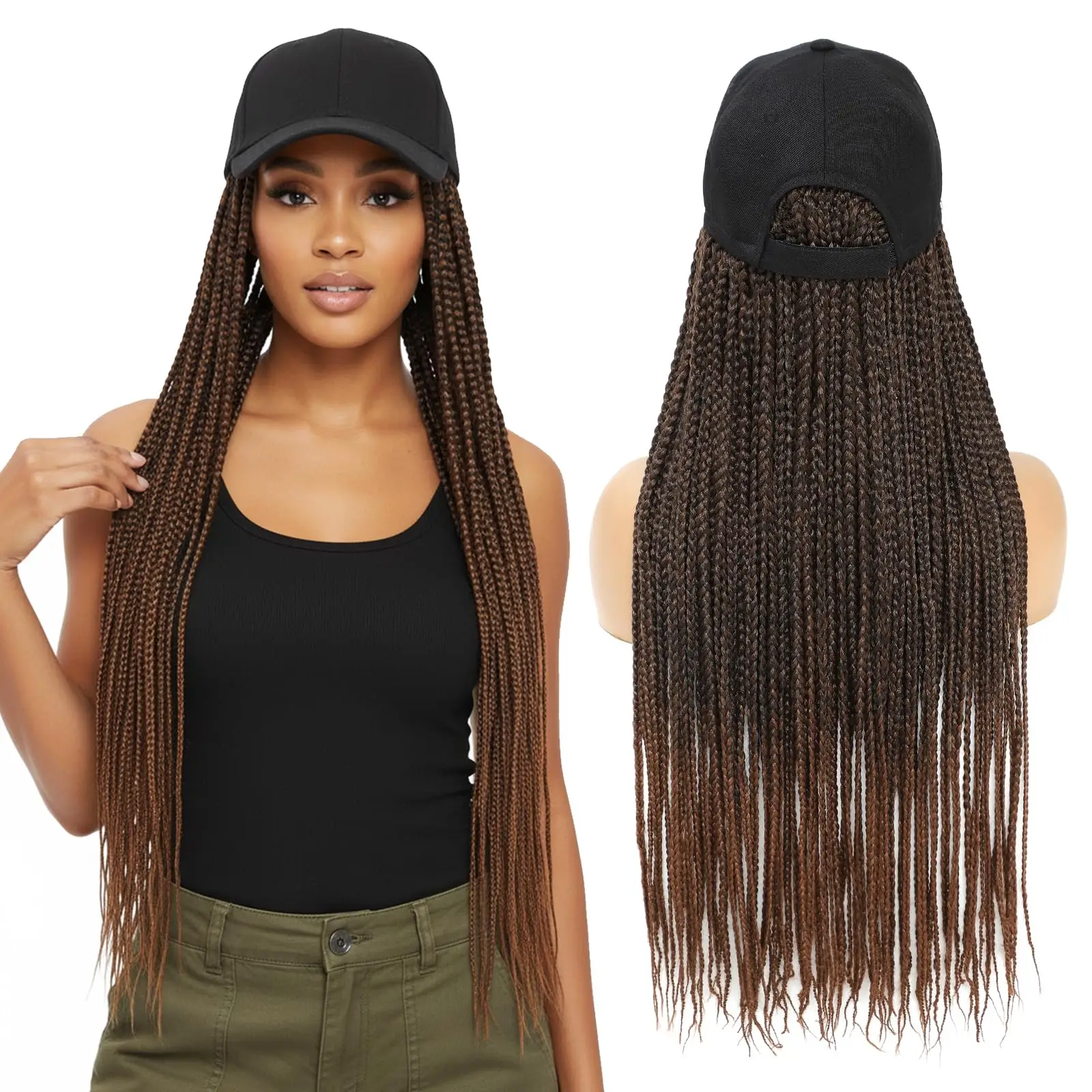 Hat Wig for Women Baseball Cap with Braided Hair Attached Synthetic Box Braid Wig Hat Cap with Ombre Dark Brown Braids
