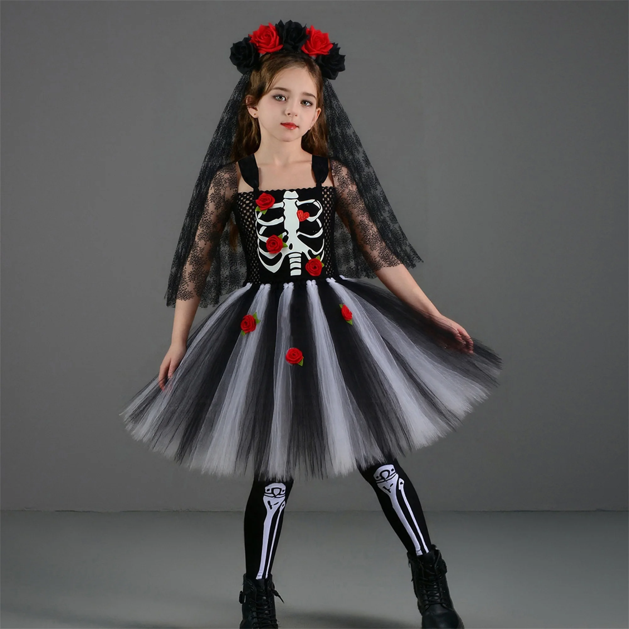

Детский готический костюм невесты на Хэллоуин, страшный скелет, 3D розовое сетчатое платье с вуалью и чулками, комплект из трех предметов для жуткого