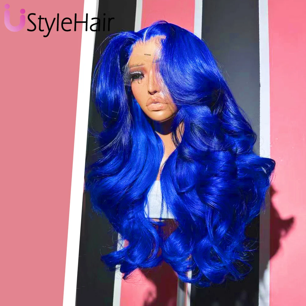 Wig renda biru tua tubuh panjang gelombang renda Wig depan tahan panas rambut sintetis bagian samping renda biru Solid penggunaan sehari-hari Wig Cosplay