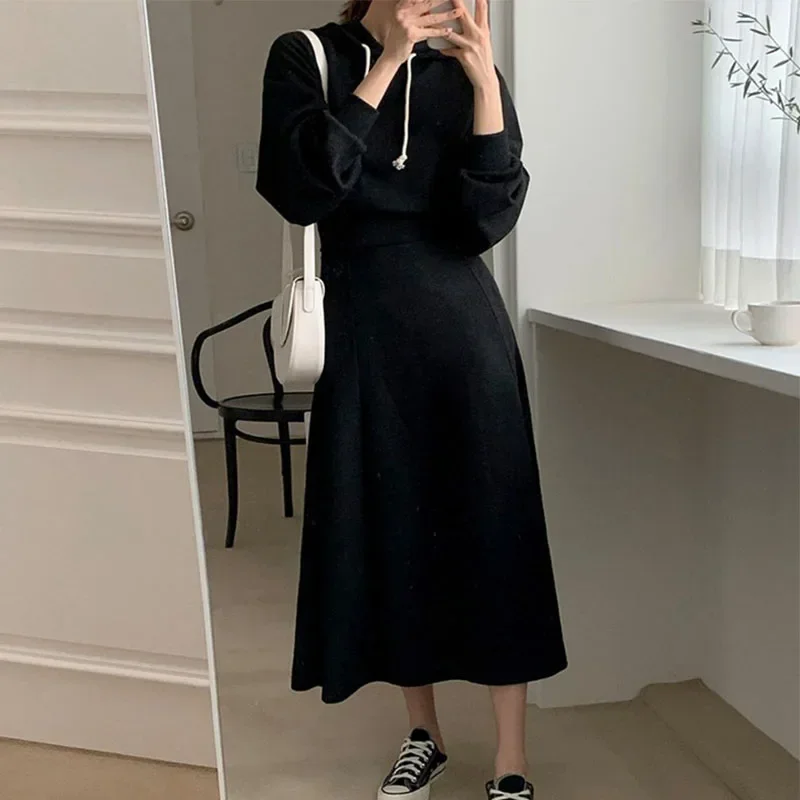 Women Dress Sets Hoodies+High Waist Long Skirt 2Pcs Suit Solid Color Spring Autumn Fashion Streetwear Female Casual Outfits