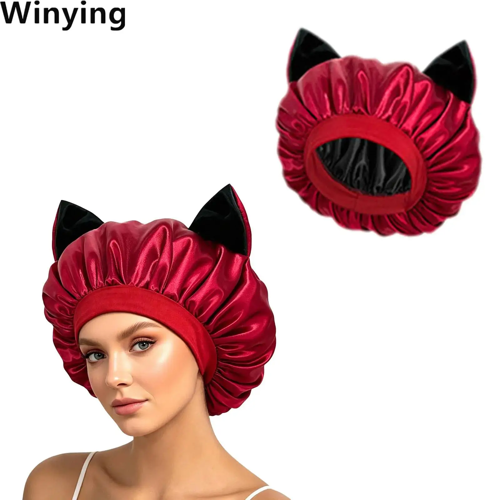 Women Cat Ear Satin Nightcap Elastic Band Sleeping Hat Double Layers Breathable Hair-protecting Bonnet for Hair Skin Care