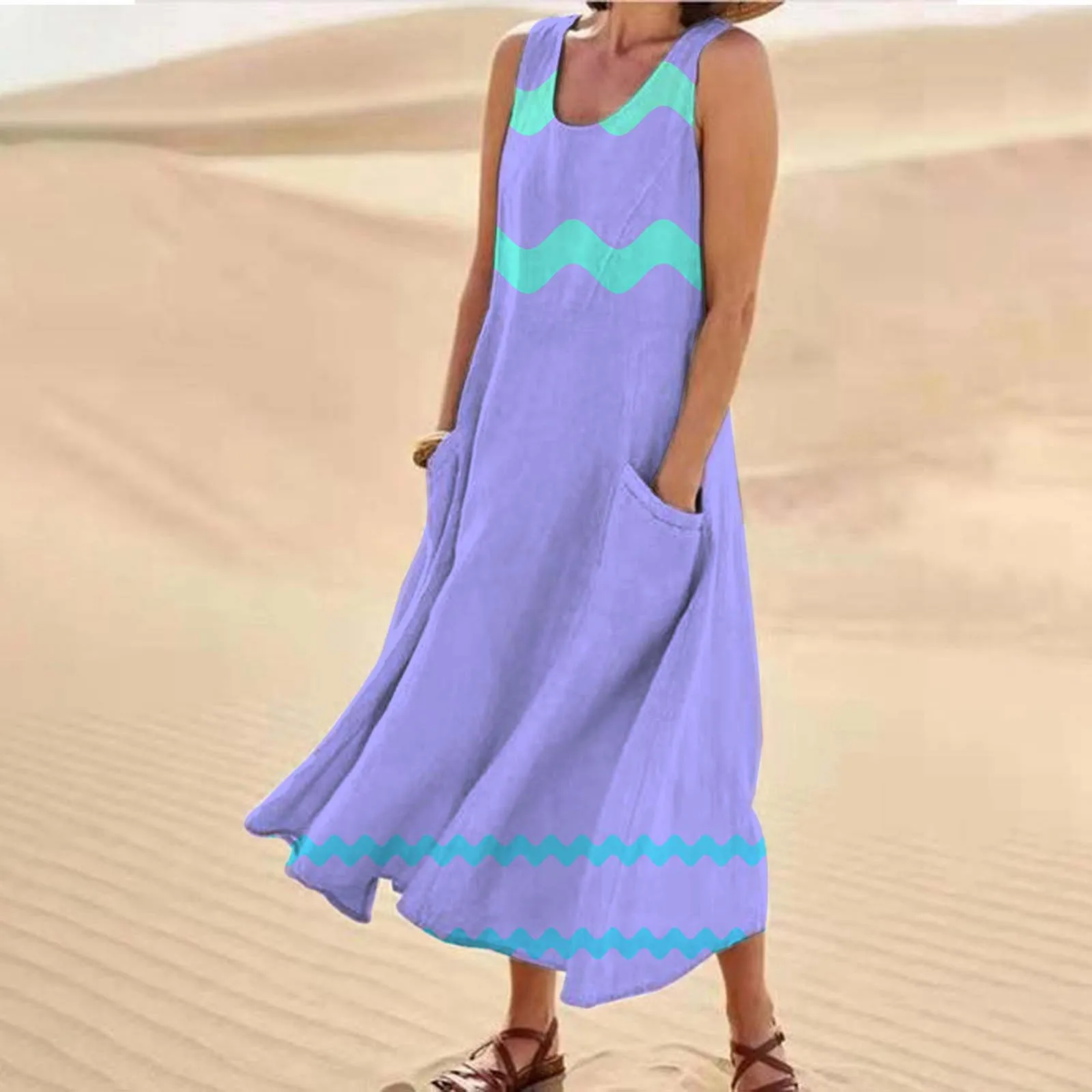 2024 Summer Casual Women Long Dress Wave Print Sleeveless Round Neck Dresses With Pocket Elegant Loose Holiday Sundress Dress