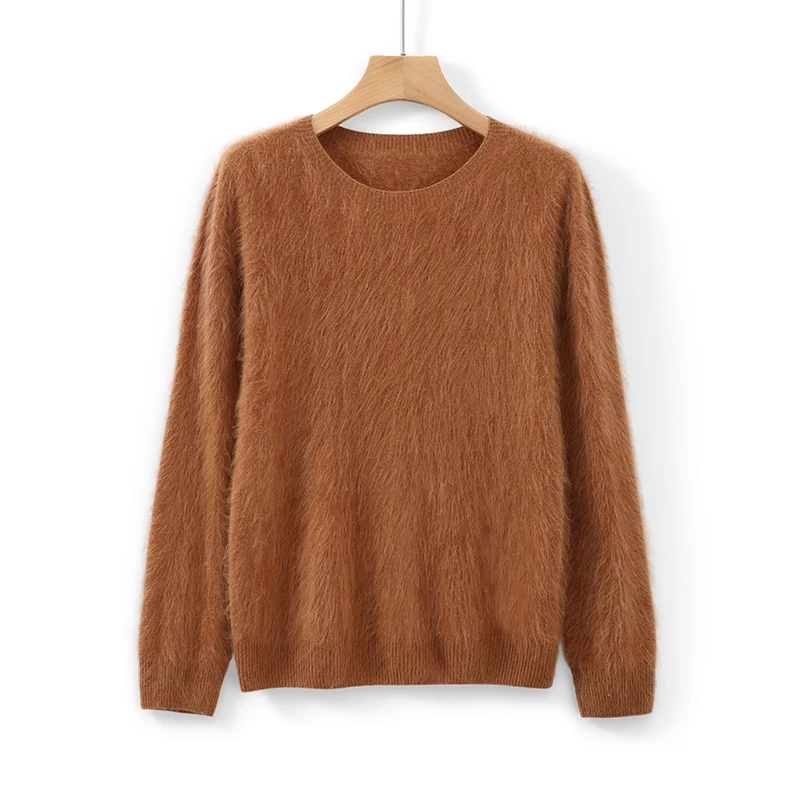 Top Soft Brushed Round Neck Pullover Women Fall/Winter100%Merino Wool Sweater Solid Color Knitted Padded Sweater Women's Clothes
