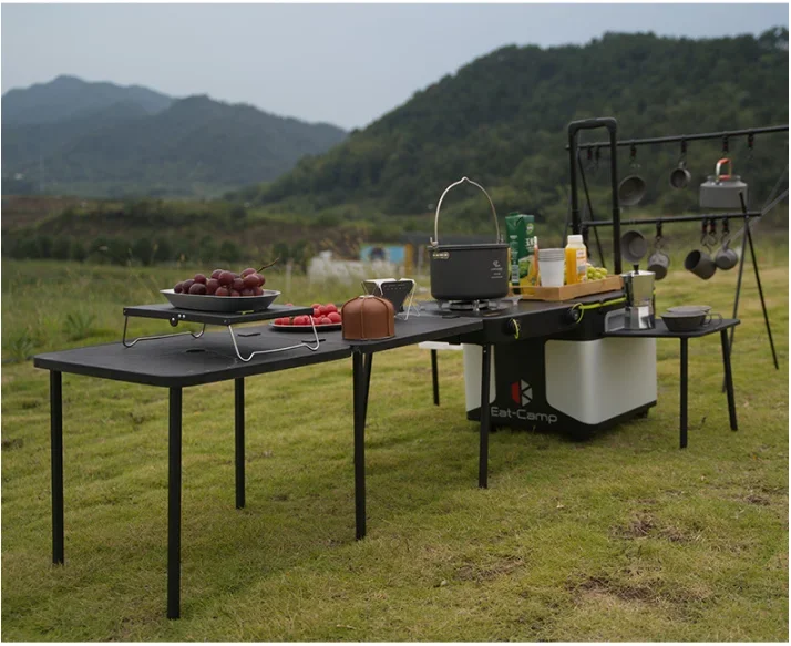 Newest Portable Foldable Outdoor Camping Kitchen Storage Box Camping Table Trailer Kitchen With Stools Cookware