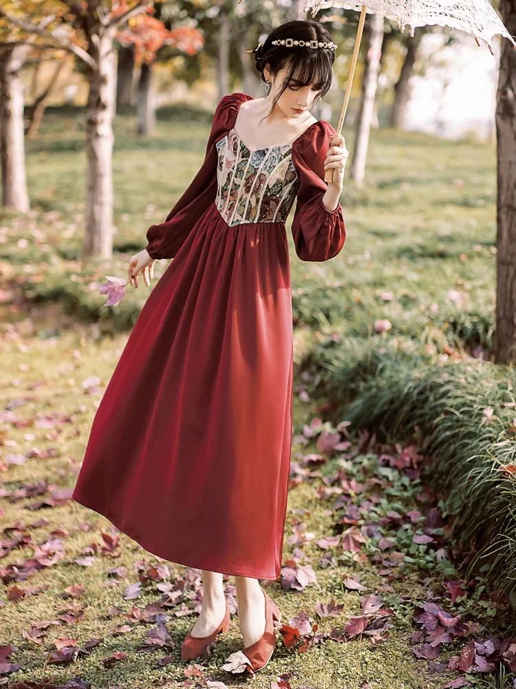 Spring Autumn Women Dress Vintage Party Dress Patchwork Long Red Dresses French Style Retro Female Bing 2022 HOT