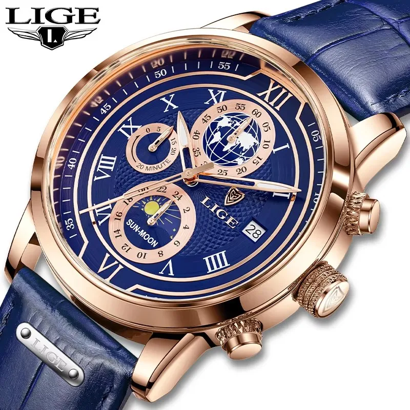 LIGE Orologi da uomo Orologio da uomo in pelle blu di lusso delle migliori marche per uomo Cronografo militare al quarzo impermeabile Montre Homme + scatola