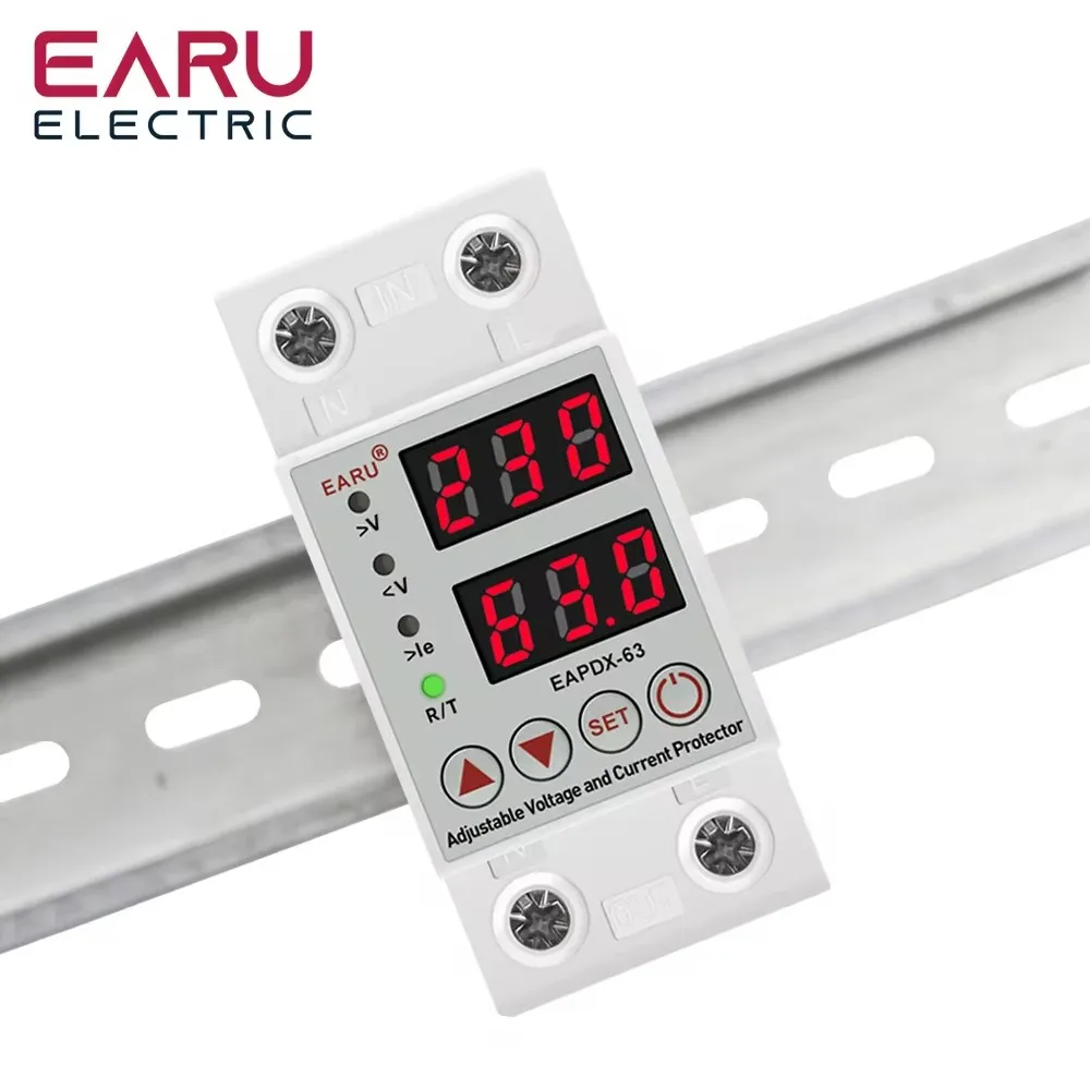 40A/63A 230V Din Rail Adjusable Over Voltage Under Voltage Protector Over Current Protector Relay Protection kWh Energy Meter