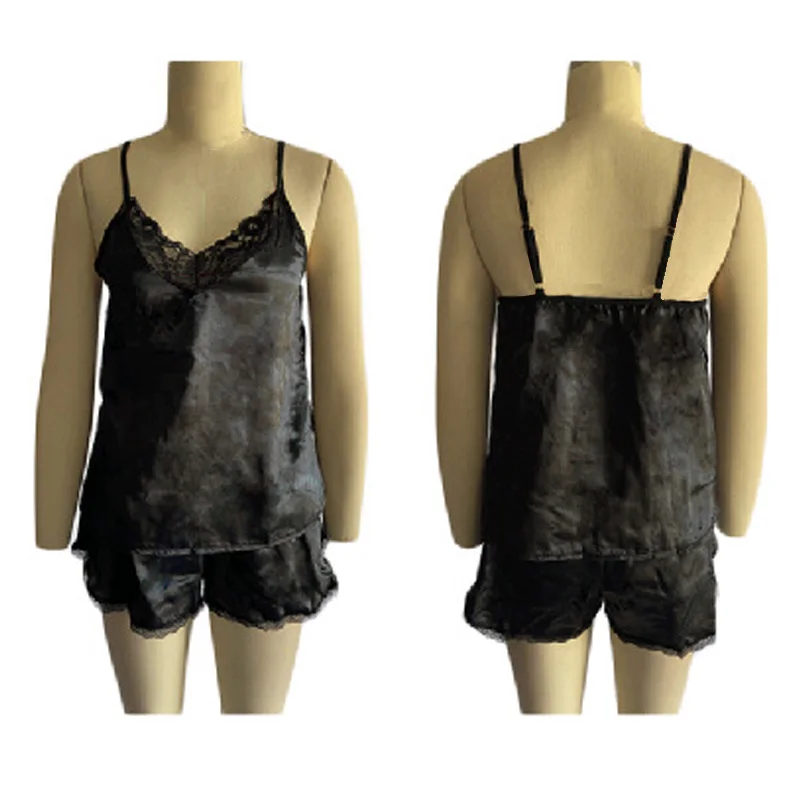 섹시한 여성용 레이스 스플라이싱 슬립 숏팬츠 파자마, 여성의 매력적인 편안한 잠옷 홈웨어 세트