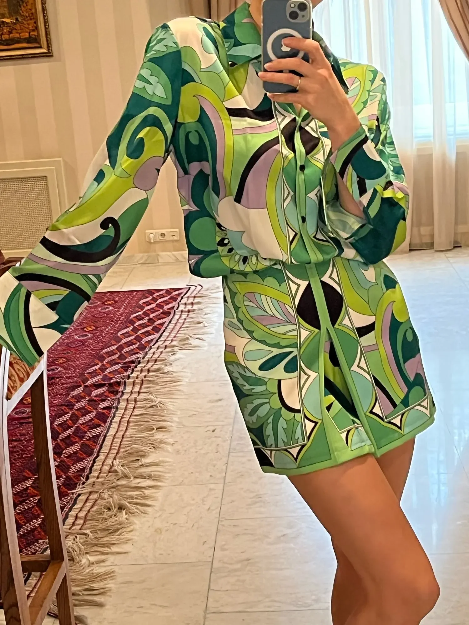 Print Women\'s Pajama Set Oversize Green Ladies Summer Sleepwear Trouser Suit Long Sleeve Vintage Pijama Suit For Female 2024