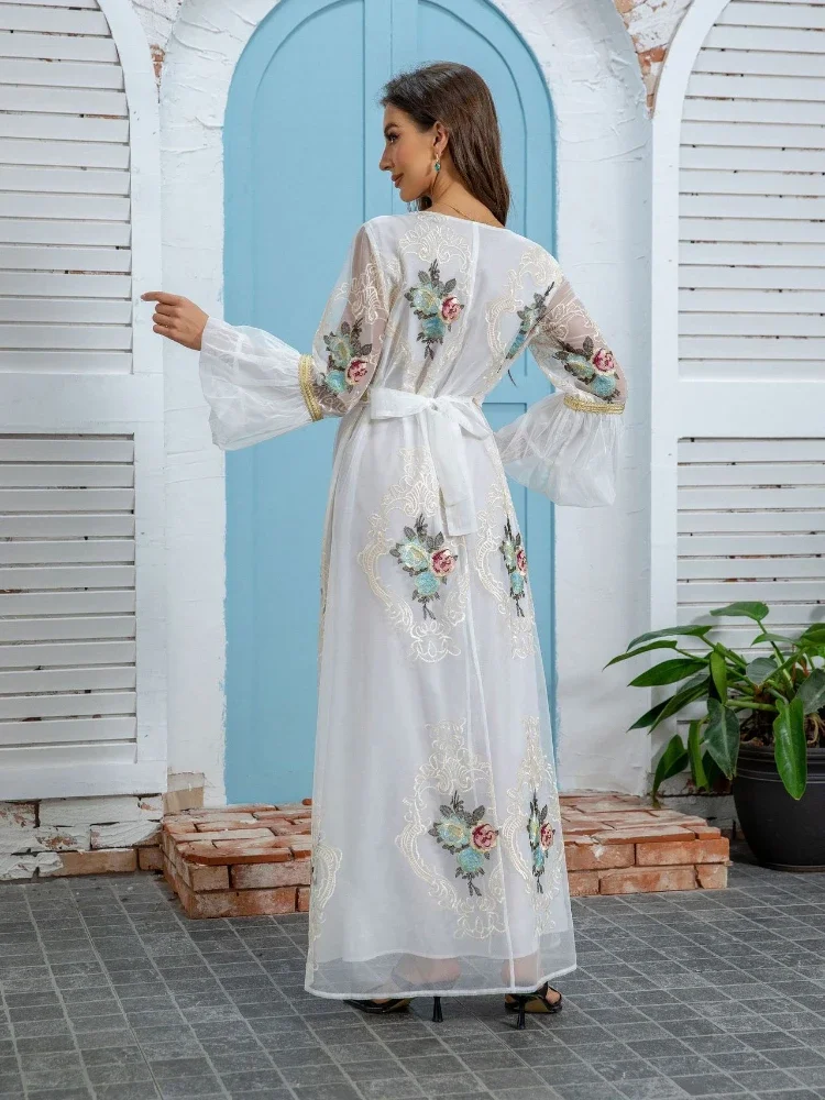 Eid Muslim Party Dress for Women Embroidery Flare Sleeve Abaya Sequins Lace-up Night Dresses Morocco Caftan Vestidos Largos 2024