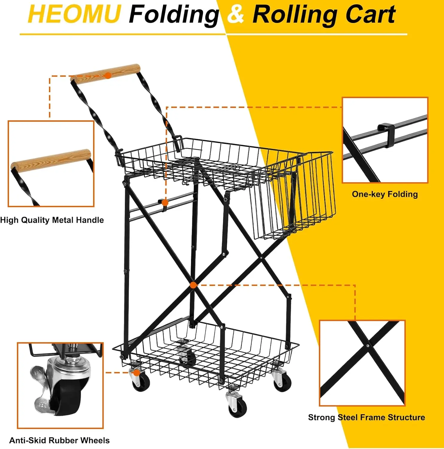 Multi functional folding 2-layer wheeled shopping cart with storage basket, suitable for storing clothes, books, luggage, travel