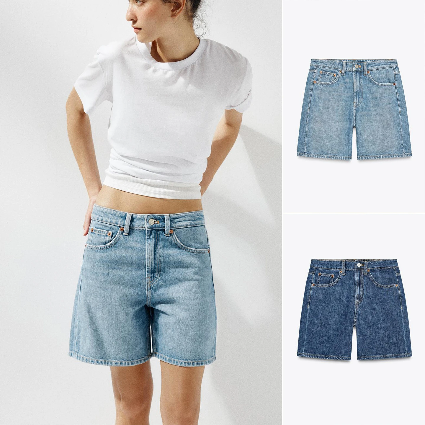 

Summer New Women's Casual Denim ort Pants Five ket Bule Decor Low Waist Straight Leg Loose Fit Zipper Closure