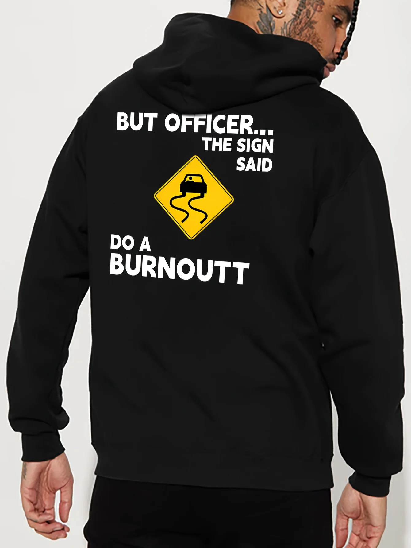 Relaxed Racing Joke Men's Hoodie with Yellow Road Warning Print.Fun Trendy Street Hip-HopSporty Casual Fall/Winter Fleece Hoodie