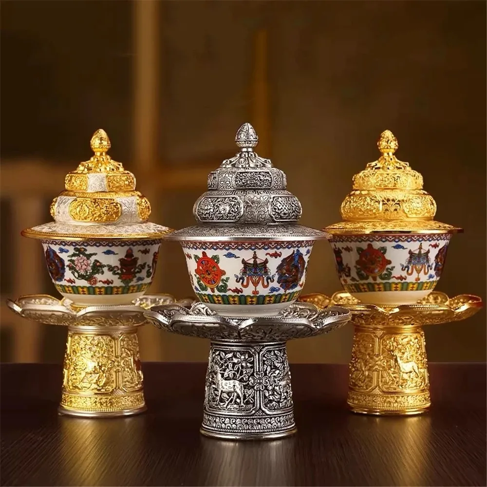 

Buddhist Tea Rack Alloy,Tantric Holy Water Cup,Painting Eight Auspicious Porcelain Bowl,Tibetan Altars Desktop Decorative ,1Set
