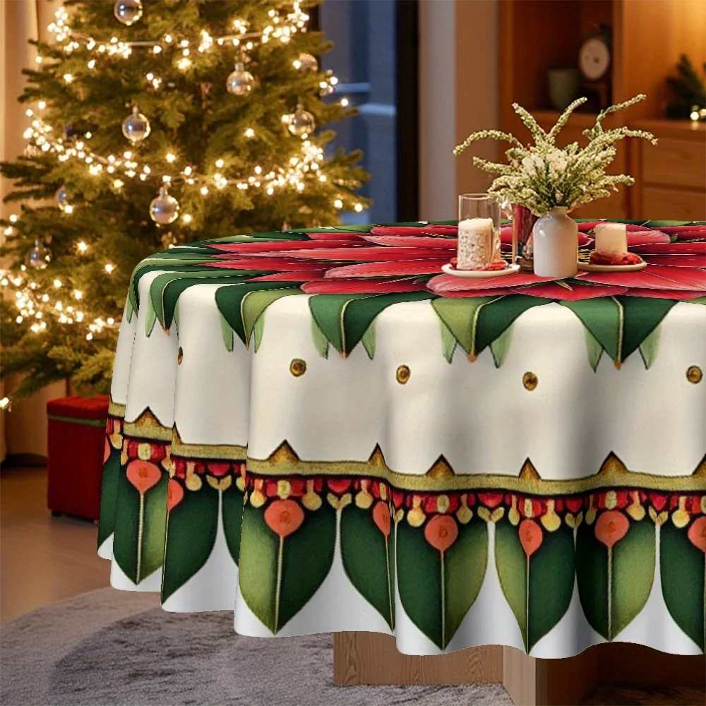 1 tablecloth, Christmas theme, poinsettia pattern round tablecloth, suitable for home kitchens and dining rooms