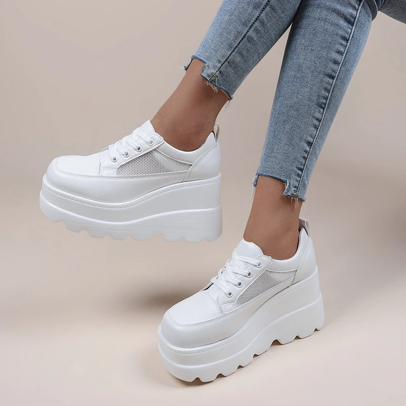 2023 NEW White Wedge Sneakers Shoes Platform Breathable Hollow Shoes Chunky Platform Heel Pumps Shoes Women Heels