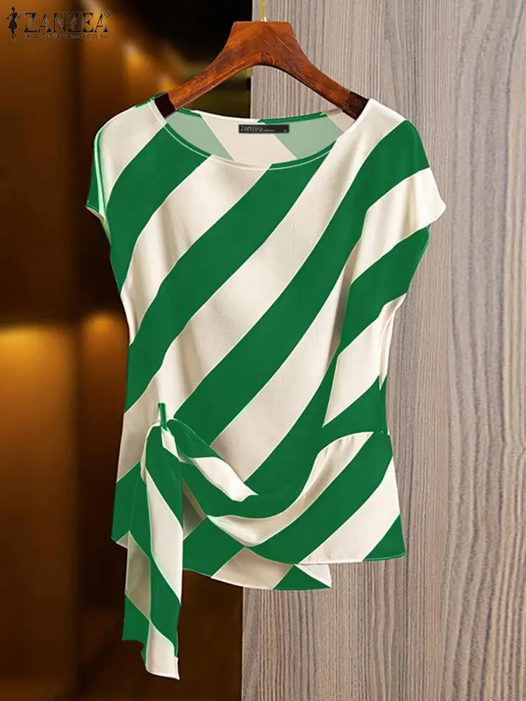 ZANZEA Elegant Party Satin Blouse Women Vintage Stripes Cap Sleeve Tops 2024 Summer Chic Irregular Hem Tunic Loose O-neck Blusas