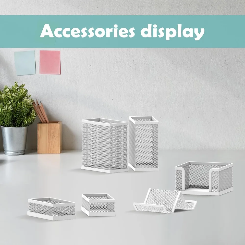 6-Piece Mesh Desk Organizer Set with Pen Holder, Mail Organizer, Phone Holder, Sticky Notes Caddy, White
