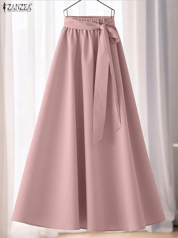 

ZANZEA Fashion Women Maxi Skirts 2025 Autumn Bandage Casual Solid Long Bottoms Elastic Waist Party A-Line Jupes Faldas Saia