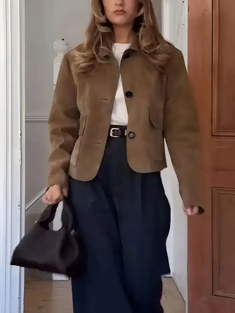 Vintage dámská semišová bunda s dlouhým rukávem a klopou, dámské kabáty, podzim 2025, ležérní, dojíždějící, streetwear, dámské svrchní oblečení - náhled 5