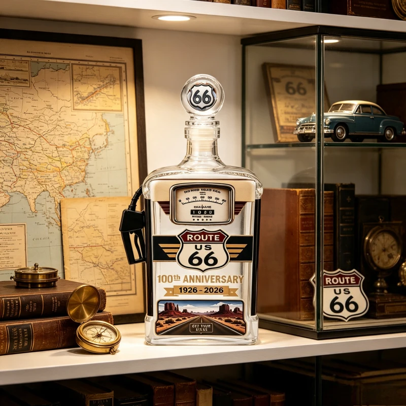 Vintage Route 66 Glass Whiskey Decanter Retro Gas Pump Shape Sticker Craft Liquor Bottle for Home Bar Decoration