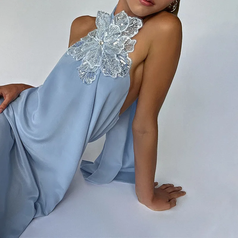 

2025 Spring New Women's Sexy Hanging Neck Bareback Split Flower Decoration Solid Color Dress