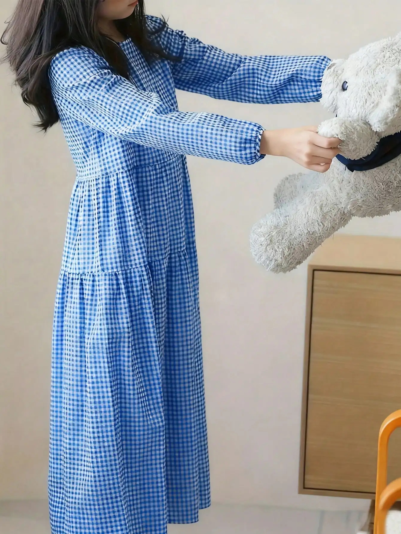 Girls Plaid Long Sleeve Dress Loose Fit Sweet Casual Skirt for Spring Autumn Party Gifts