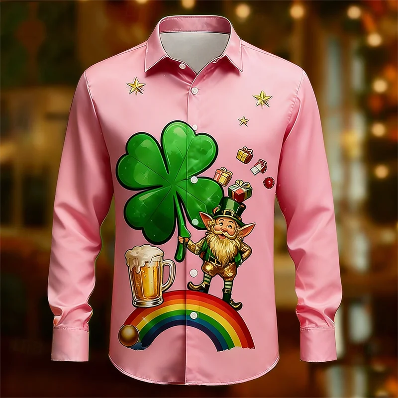 

Новая мужская рубашка с 3D принтом клевера, рубашка с длинным рукавом, стильная рубашка высокого качества, бокал для вина, модная повседневная рубашка с длинным рукавом