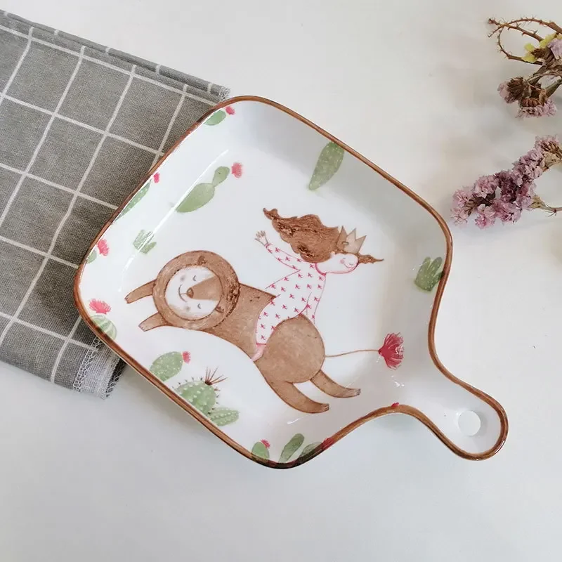 1pc Japanese Style Creative Cute Cartoon Girl Heart Baking Tray Handle Plate Ceramic Tableware for Household Ovens