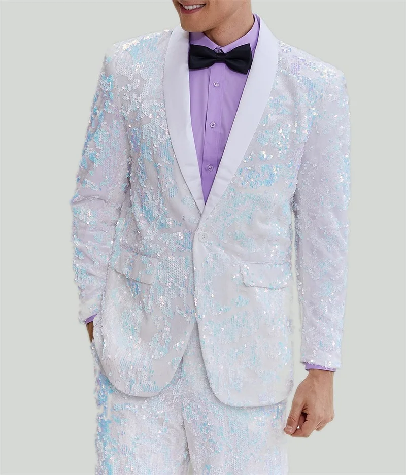 Setelan jas pria payet Glitter biru putih Set Blazer pernikahan tuksedo 2 potong mantel + celana gaun Prom jaket kostum pria buatan kustom