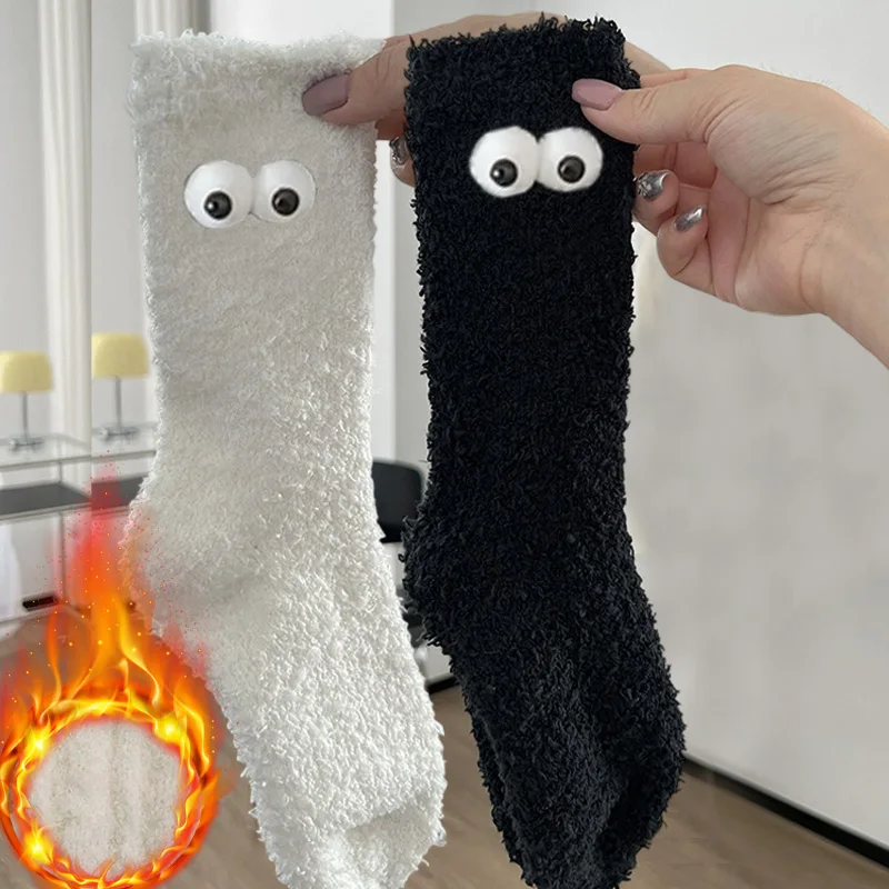 

1/2Pairs Cartoon Eyes Fluffy Plush Sock Winter Thickened Keep Warm Middle Tube Stockings Women Men Cute Eyes Fleece Sleep Socks