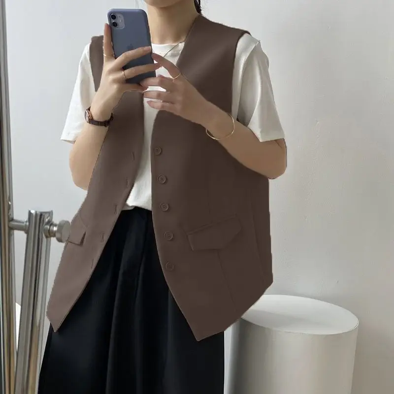 

Women's Brown Double Breasted Sleeveless Blazer Vest Slim Fit Casual Daily Fashion Waistcoat