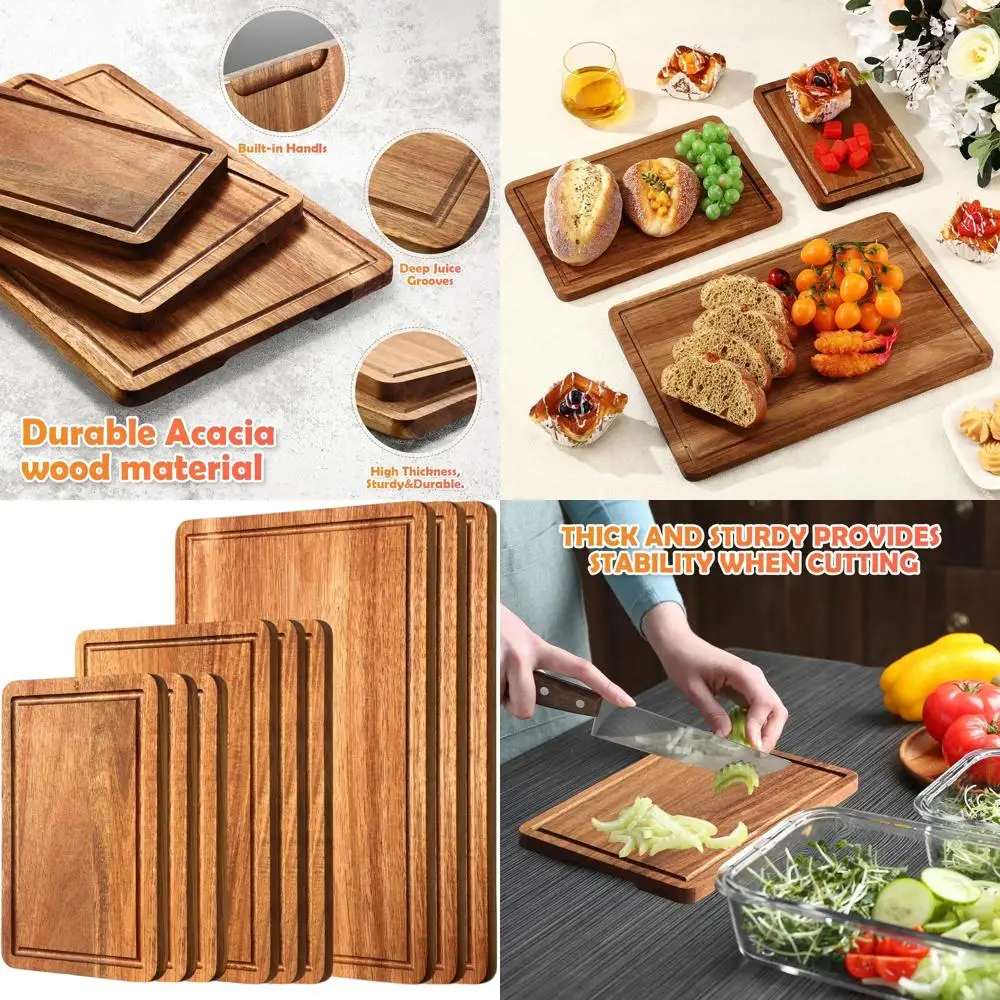

Acacia Wood Kitchen Cutting Boards - 3 Sizes with Juice Grooves & Handles for Meat, Vegetables, and Gifts