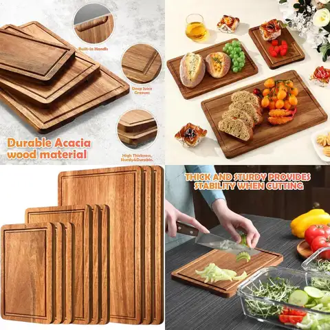 Acacia Wood Kitchen Cutting Boards - 3 Sizes with Juice Grooves & Handles for Meat, Vegetables, and Gifts