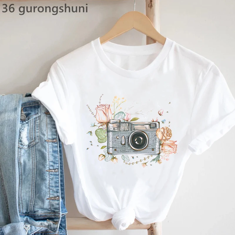 

Watercolor Camera Flowers Print T-Shirt Women Clothes 2025 Summer Stylish Tshirt Femme Pink Rose T Shirt Female Streetwear