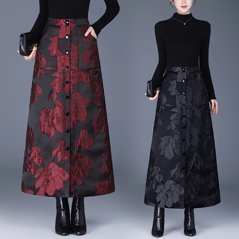 Thickened Warmth A-Line Half Skirt National Style Embroidery High Waist Long Women's Fashion Casual Spring Autumn Winter