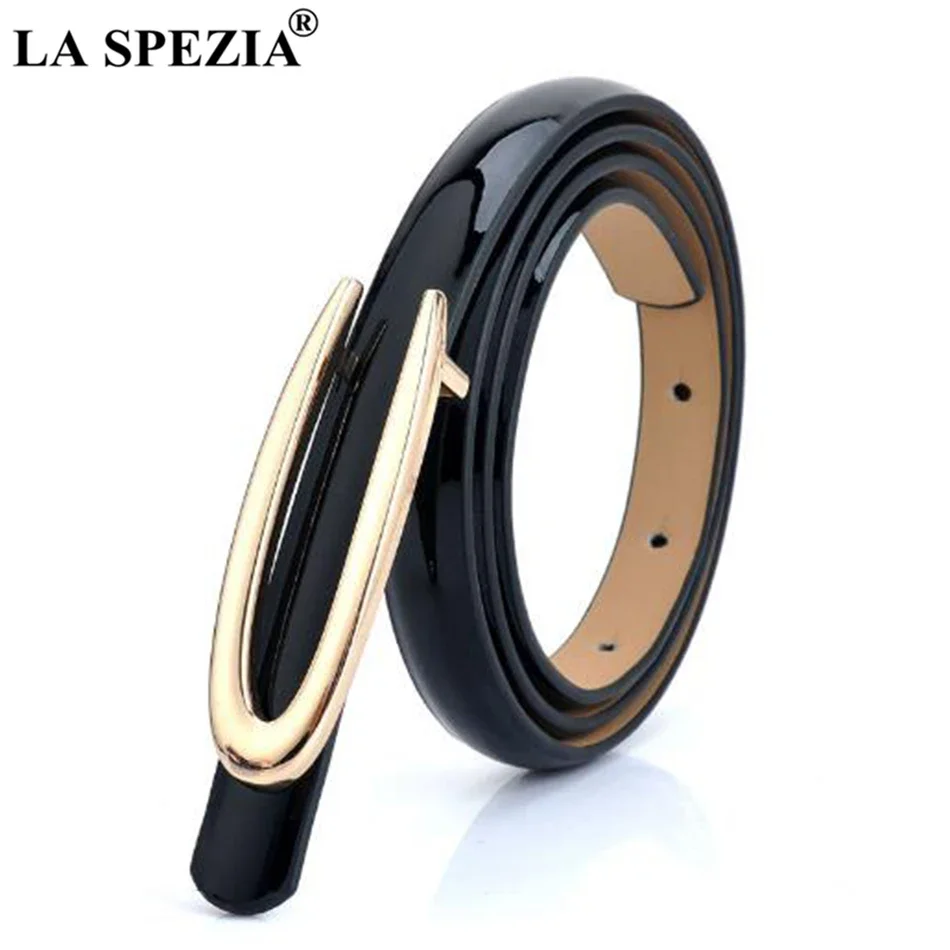 LA SPEZIA Black Thin Leather Belt Women Smooth Buckle Belt Ladies Patent Leather Cowhide Brand Female Belts for Dresses Fashion