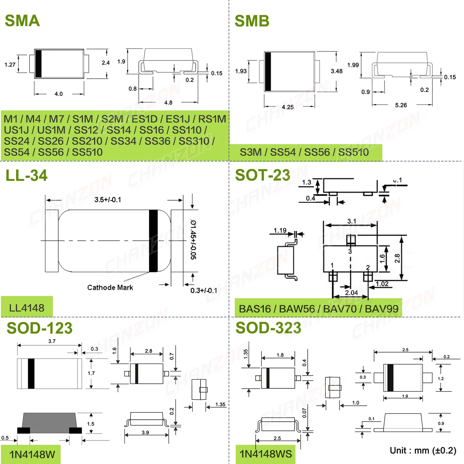 SMD hızlı kurtarma Schottky bariyer anahtarlama doğrultucu diyot M1 M4 M7 S1M S2M S3M RS1M US1M SS14 SS16 SS24 SS26 SS34 SS36 LL4148