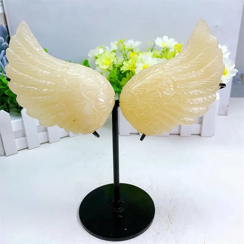 Natural Yellow Calcite Crystal Angel Wings Carving Quartz Healing Crafts Gift Home Decoration Contains The Bracket 1Pair