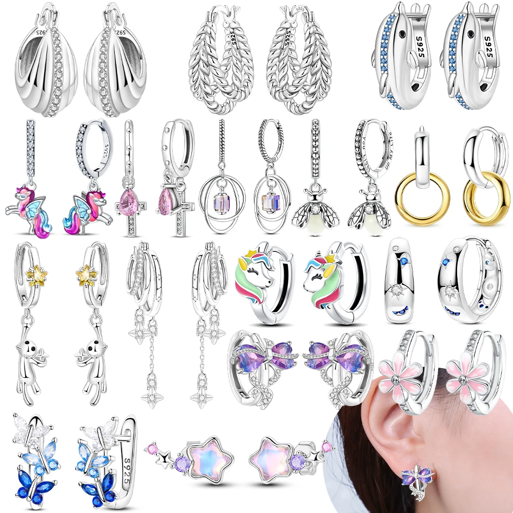 Unicorn Butterfly Bow Star Original Silver Plated Woman's Stud Earring Valentine Anniversary Stud Earrings Jewelry Fine Gift