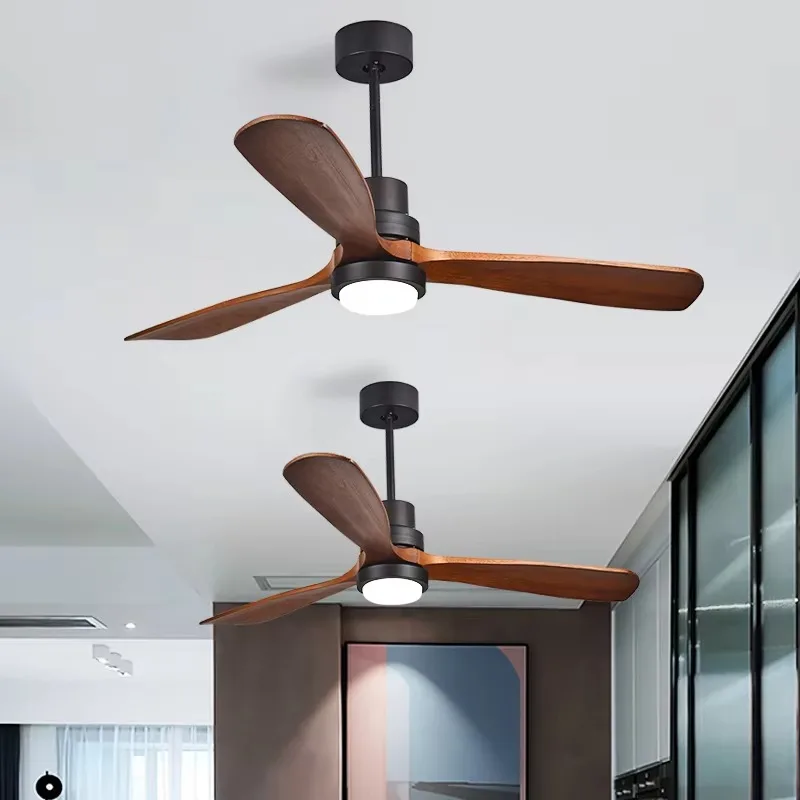 52 Fan Light Metal 3 Solid Wood Blades LED Remote Control Modern LED Ceiling Fan with Light